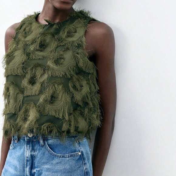 Army Green Bohemian Women's Jacquard Fabric Peplum Camisole - Picture 5 of 7